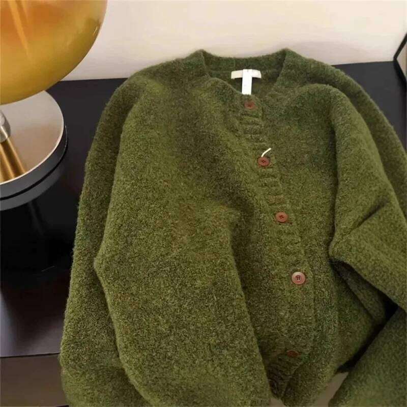 Retro Green Knitted Cardigan Women's New Autumn Winter Round Neck Single Breasted Soft Thick Sweater Loose Casual Basic Coat Z260313