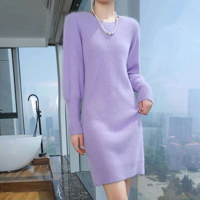 Autumn and winter O-neck sweater dress, 100% mink cashmere knitted simple long style, women's new style pullover dress Z260314