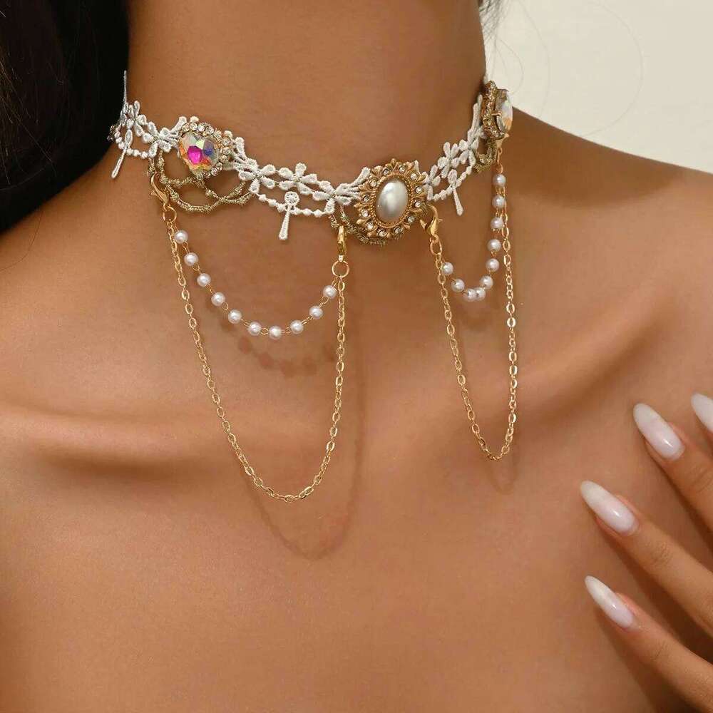 Women's New Lolita White Lace Necklace, Pearl Tassel Rhinestone Necklace Collar Sweet Cool Fashion Necklaces Girls Gift H260312