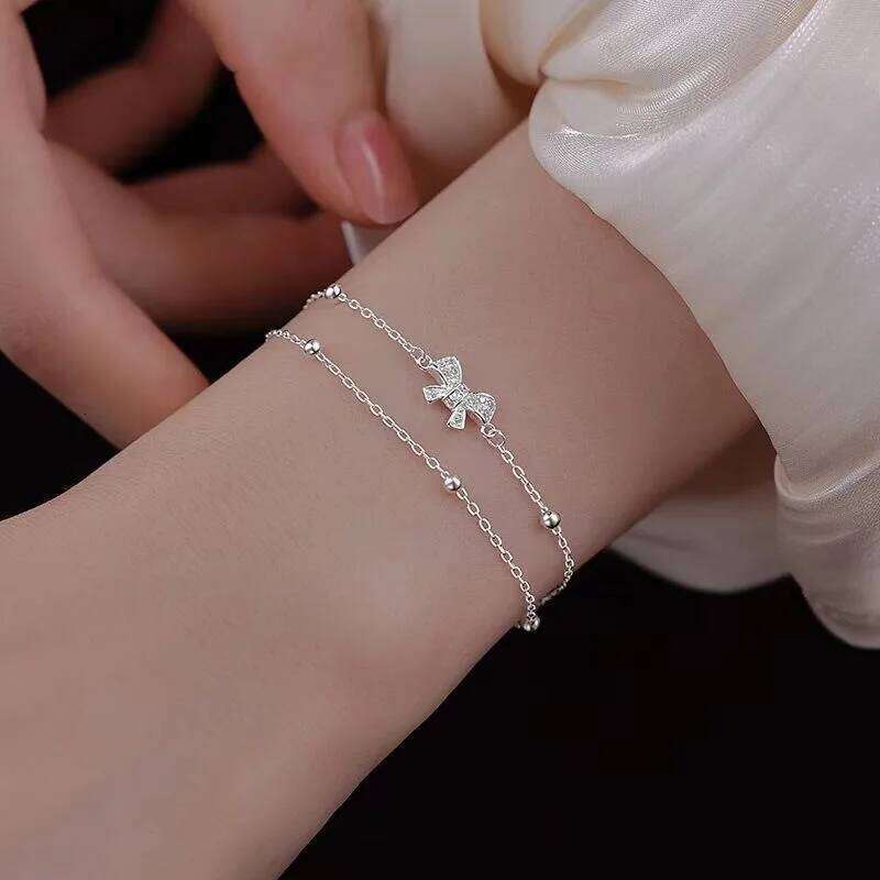 925 Sterling Silver Double Layer Bownot Bracelets For Women Vintage Korean Sparking Zircon Chain Bracelet Party Fine Jewelry Z260313