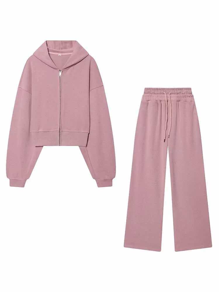 HH Women New Fashion Casual Hooded Long Sleeves Zipper Solid Short JacketDrawstring Loose Wide Leg Long Pants Chic Pants Suit M260313