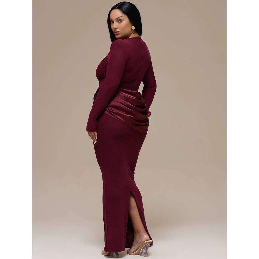 JULISSA MO Long Sleeve Round Neck Women Maxi Coffee Patchwork Satin Slit Autumn Winter Slim Elegant Party Club Dress Z260314