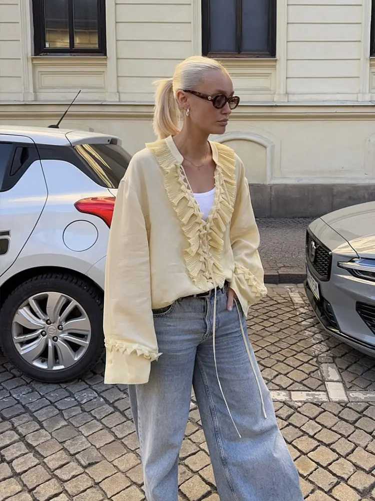 HH Women Elegant Yellow Ruffles Lace-up Blouse Skirts Sets Long Sleeve V Neck Shirt Pleated Midi Skirt 2025 Women Outfits M260313