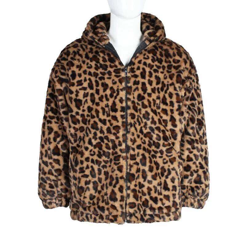 Men's Clothing Faux Fur Coat Bestseller for with Plush Color Contrast Warm Thick Leopard Print Jacket Z260313