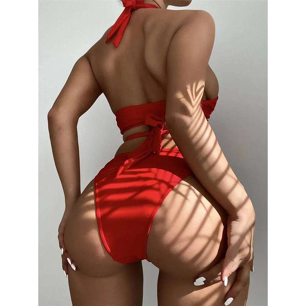 Halter Cross Bandage High Cut Female Swimsuit Women Swimwear Two-pieces Bikini Set Hollow Out Bather Bathing Suit Swim Y260303