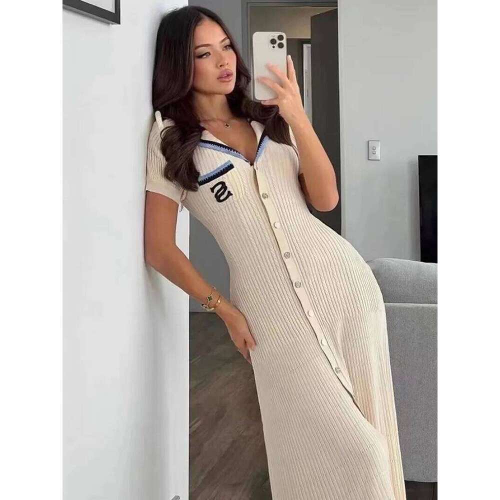2024 Summer Elegant Slim Knitted Dress Women's Letter Single Breasted Long Sleeved Vintage Dresses White Autumn Z260313