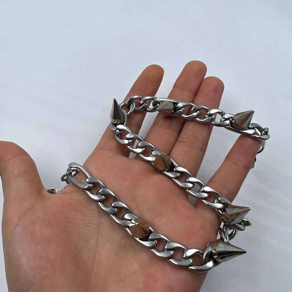 Retro Punk Silver Plated Cuban Chain Spiked Rivet Collar Necklace for Women Men Unisex Grunge Goth Choker Y2K Jewelry H260312