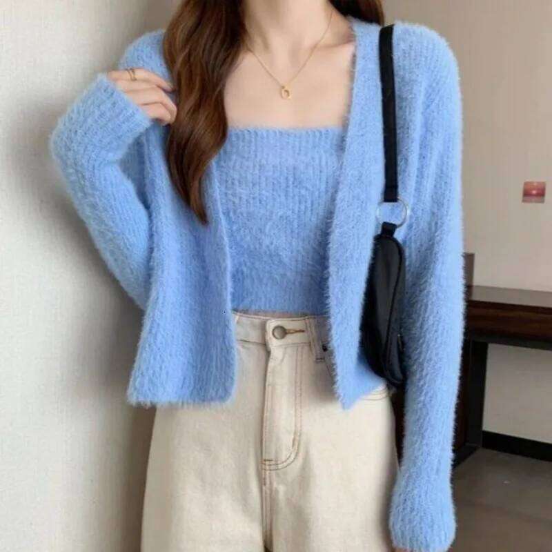 2025 Autumn New Imitation Mink Suspender Cardigan Solid Color Simple Versatile Two-piece Set Women's Long-sleeved Knitted Top Z260313