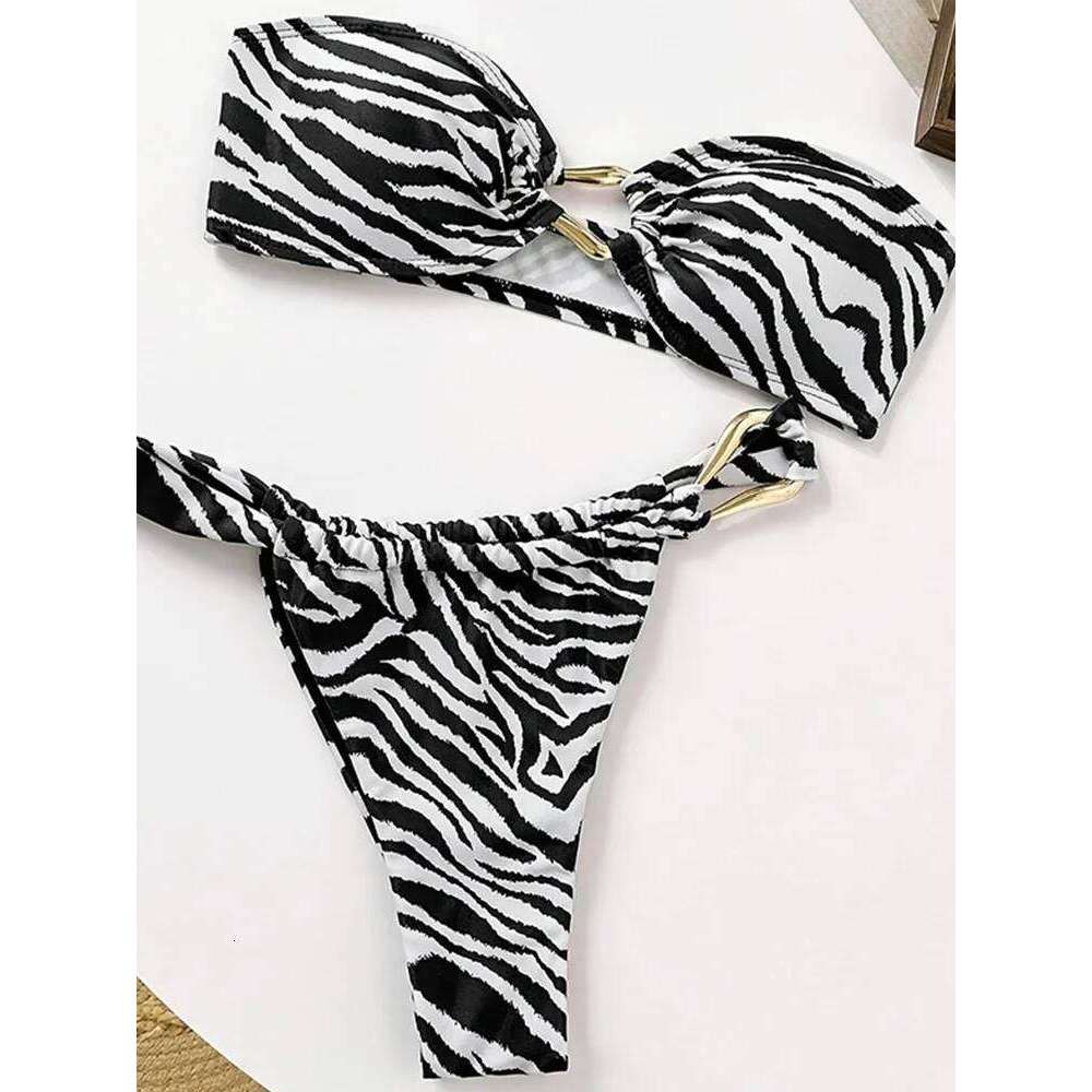 Sexy Striped Strapless 2 Piece Women Split Swimsuit High Waist Beach Bikini 2025 New Summer Swimwear Bikinis Set Y260303