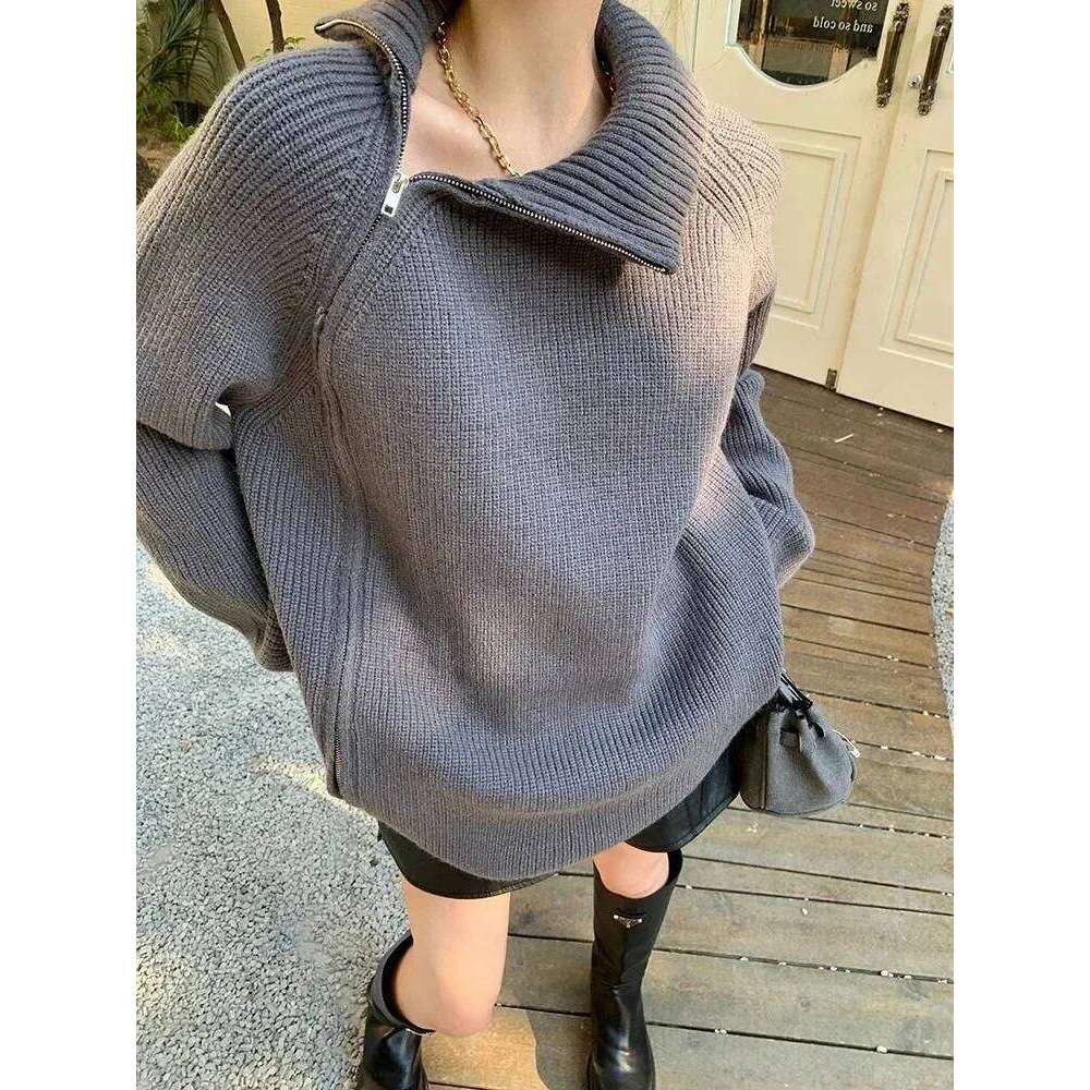 Women's Turtleneck Zipper Oversize Fashion Sweaters 2025 Autumn Knitwears Loose Thick Warm High Neck Solid Pullovers Women Z260313