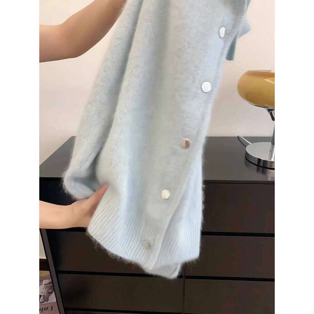 Women New Turn-down Blue Sweater Single Row Concealed Buckle Style Autumn Winter Soft Solid High Collar Knitted Cardigan Z260313