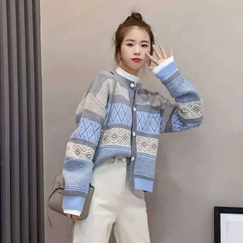 Striped Panelled Cardigan Women Vintage Design Casual Retro All-match Females Aesthetic Stylish Temperament Sweaters Clothing Z260313