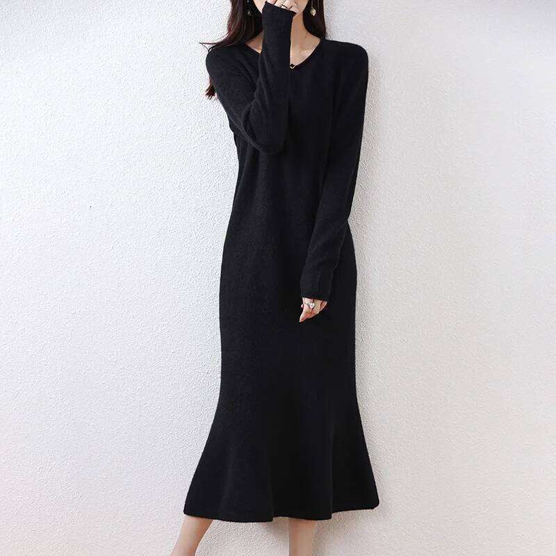Elegant 100% Women Long Sleeve Curl O-neck Wool Knit Mermaid Sweater Skirt Spring Autumn Winter Fashion Female Dress Z260313