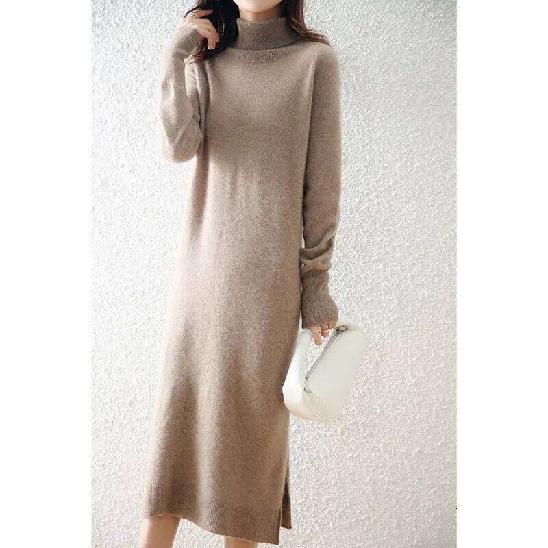 Autumn and winter high lapel dress female Korean version of long over-the-knee cashmere bottoming knitted skirt Z260313