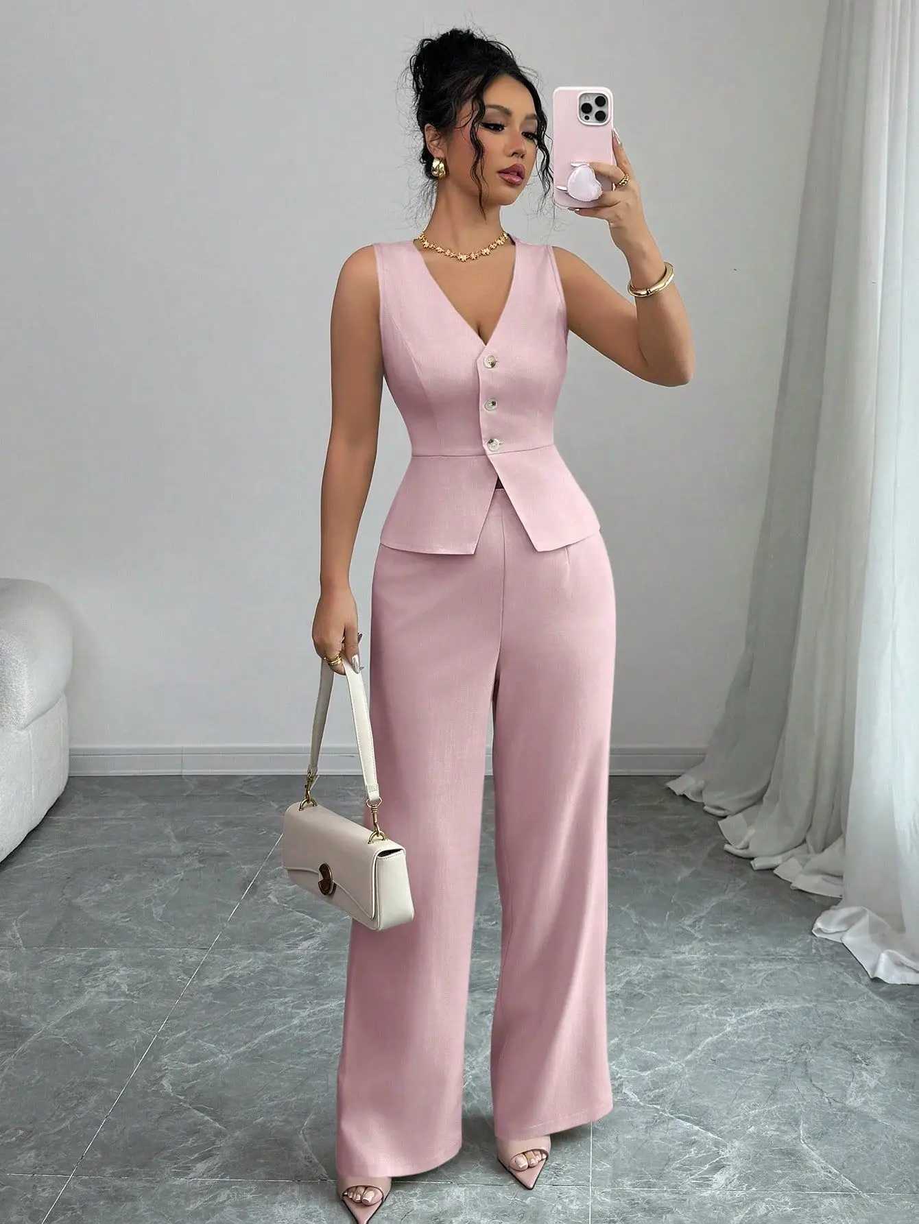 Womens Solid Color Sleeveless Slim Fit Vest High Waisted Pants Two-piece Set for Summer 2025 M260313
