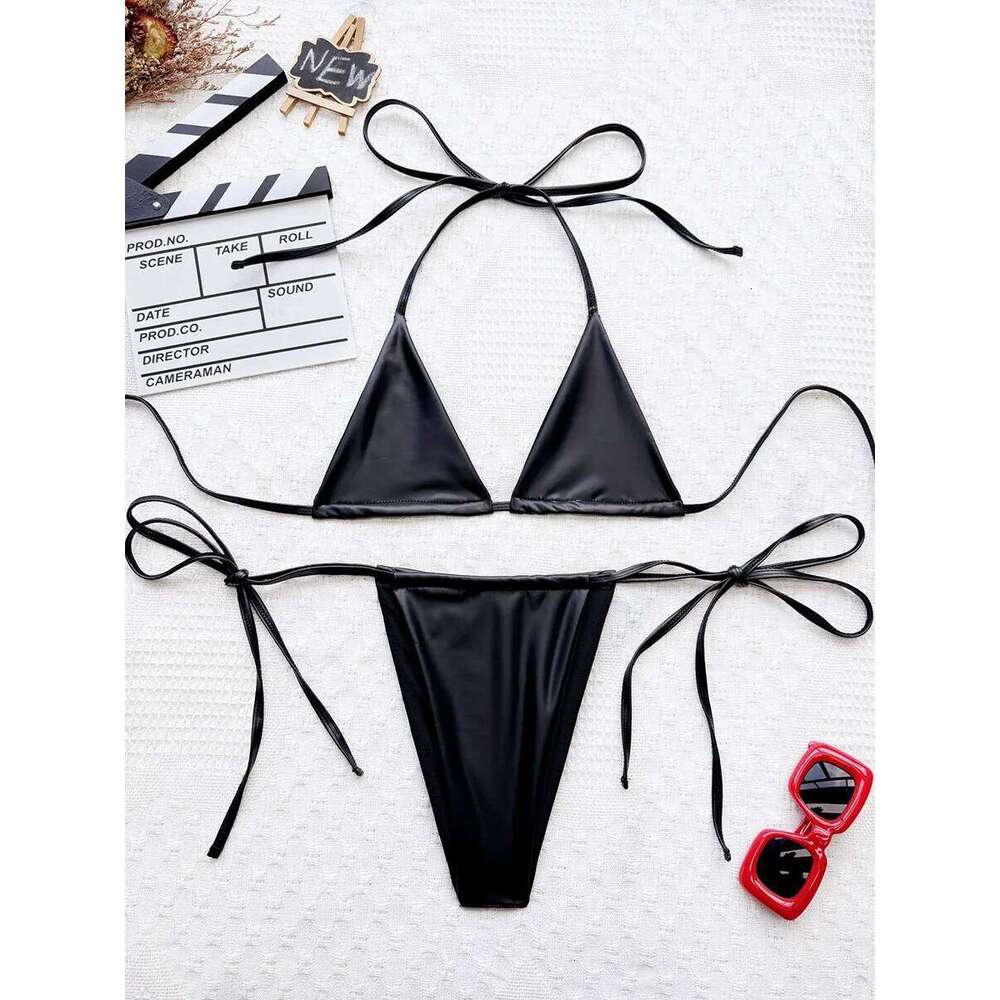 Extreme Mini Micro Thong PU Leather String Women Swimwear Female Swimsuit Two-pieces Bikini Set Bathing Suit Swim Y260303