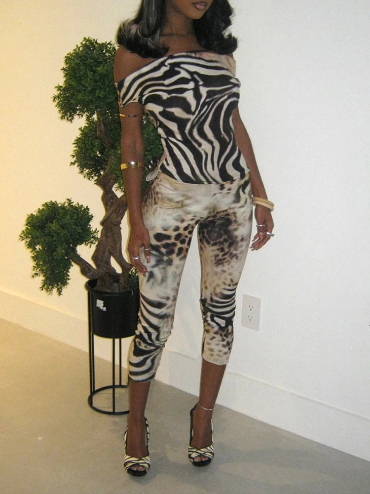 Weird Puss Leopard Print Fashion 2 Piece Set Women Slash Neck Backless TopSkinny Peach Hip Crop Pants tie Hipster Streetwear 260309