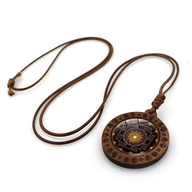 Mandala Hexagram Magic Array Time Gem Wooden Pendant Retro Brown Wax Rope Necklace H260312