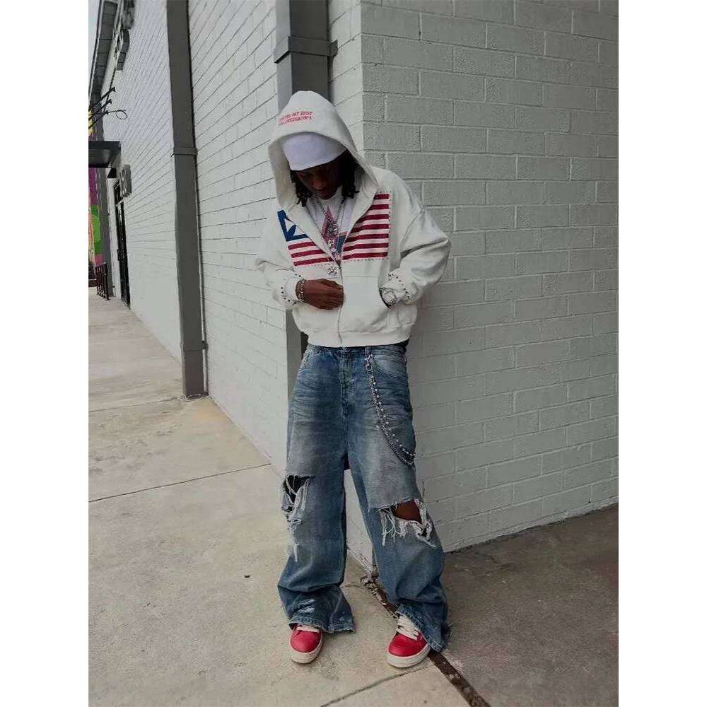 Autumn new national flag minimalist design color collision pattern men hooded Harajuku Y2k loose zipper sweatshirt Z260314