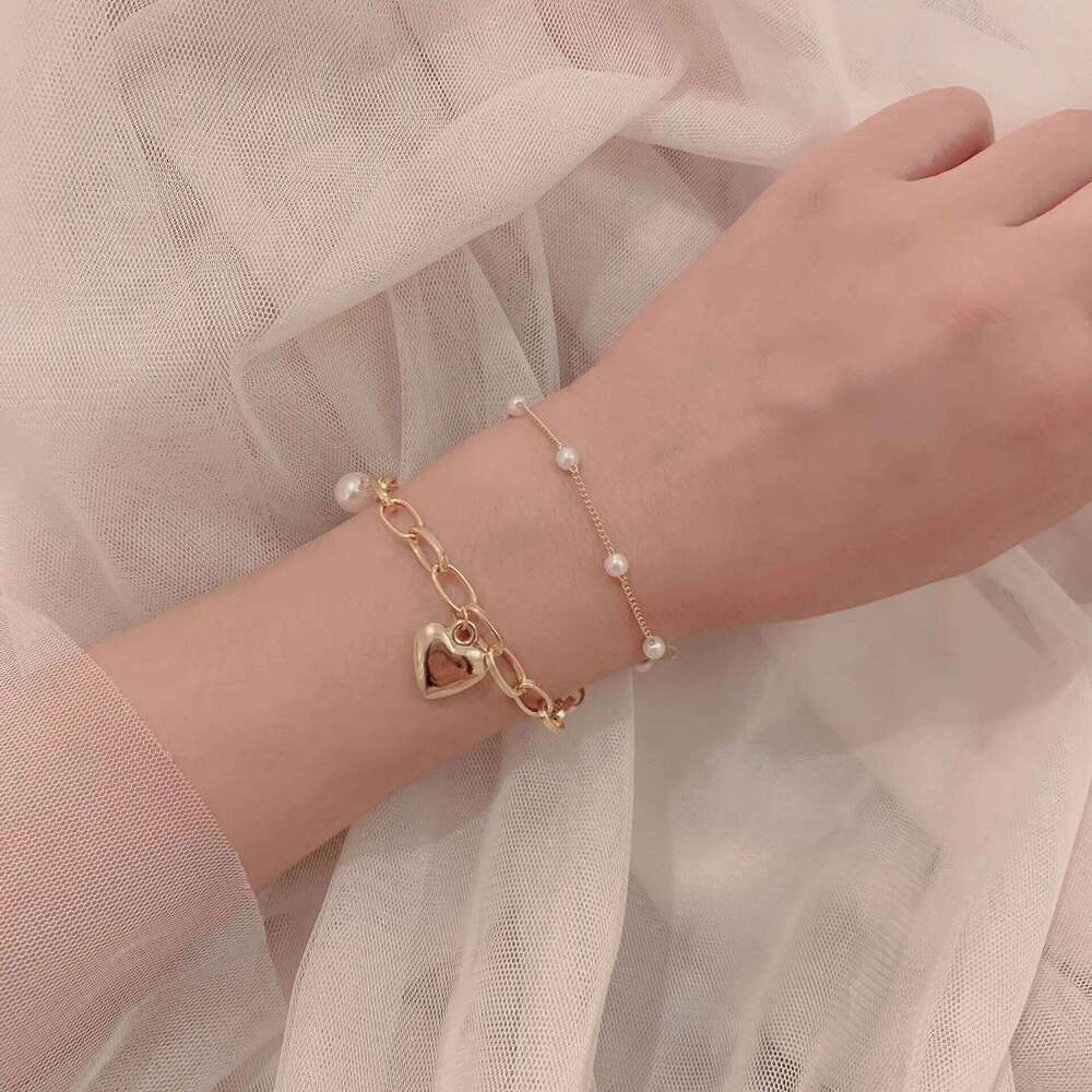 Fashion Chain Love Pearl Double Temperament Peach Heart Pendant Bracelet Female College Student Jewelry Pulsera Z260313