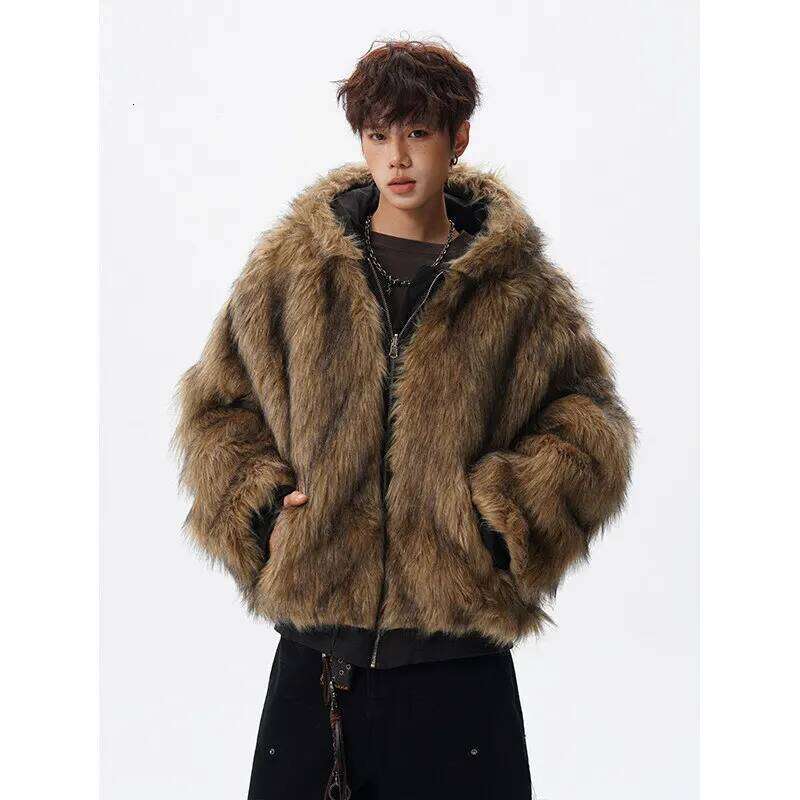 UETEEY Men's Reversible Wear Jacket Vintage Faux Fur Hairy Soft Hooded Coat Man Winter Plush Lined Warm Brown Fluffy Jackets Men Z260313