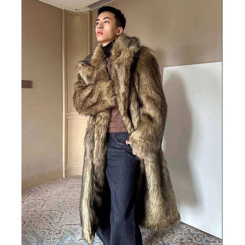Men's fur coat, Wolf fox fur, lapel long overcoat, winter windproof and warm windbreaker, large size Z260313
