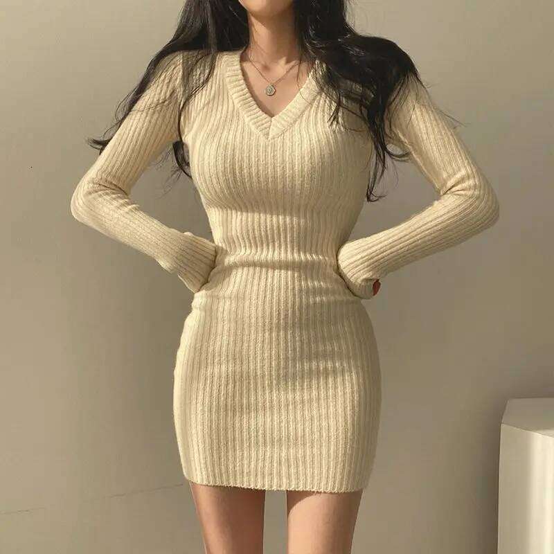 ITOOLIN Knit Bodycon V-Neck Long Sleeve Slim Sexy Solid Casual Midi Sweater Dress For Women 2025 Autumn Z260314