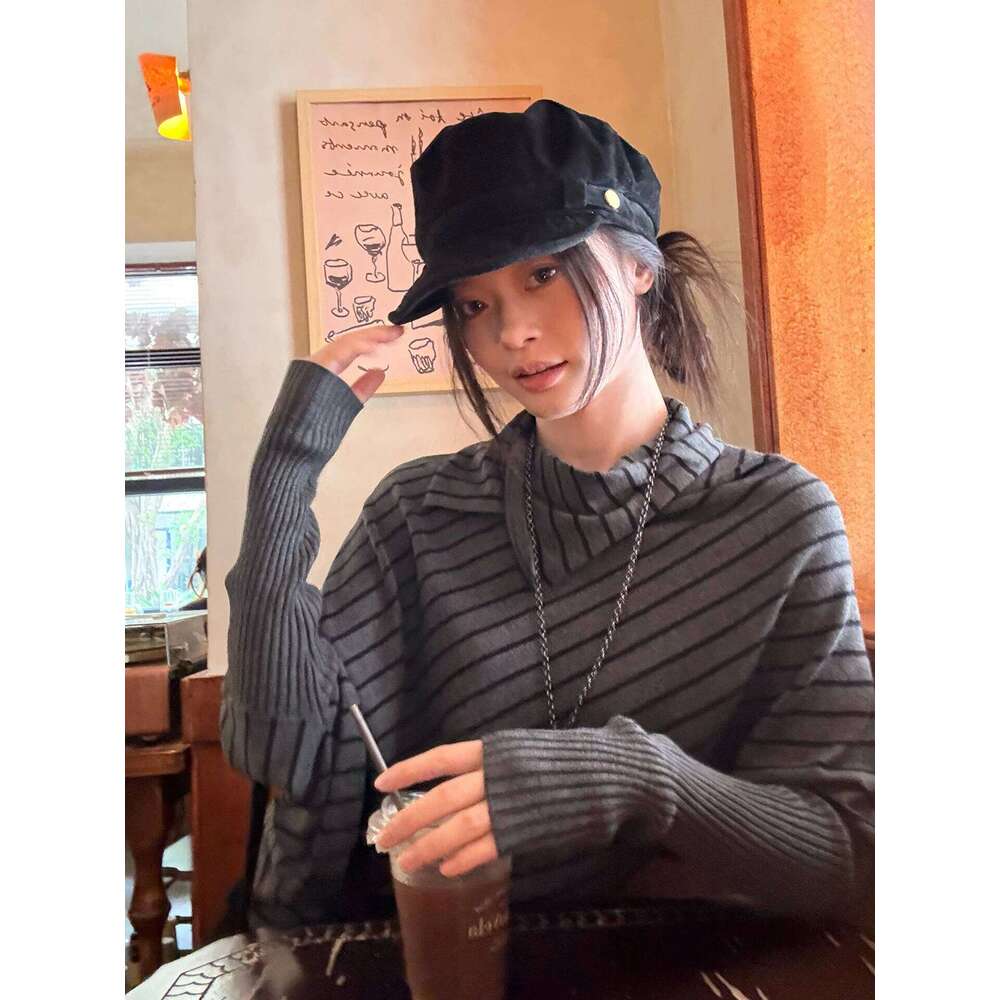Tonngirls Harajuku Striped Sweater Women Batwing Sleeve Knit Turtleneck Pullovers Y2k Japanese 2000s Knitwear Korean Style Tops Z260313