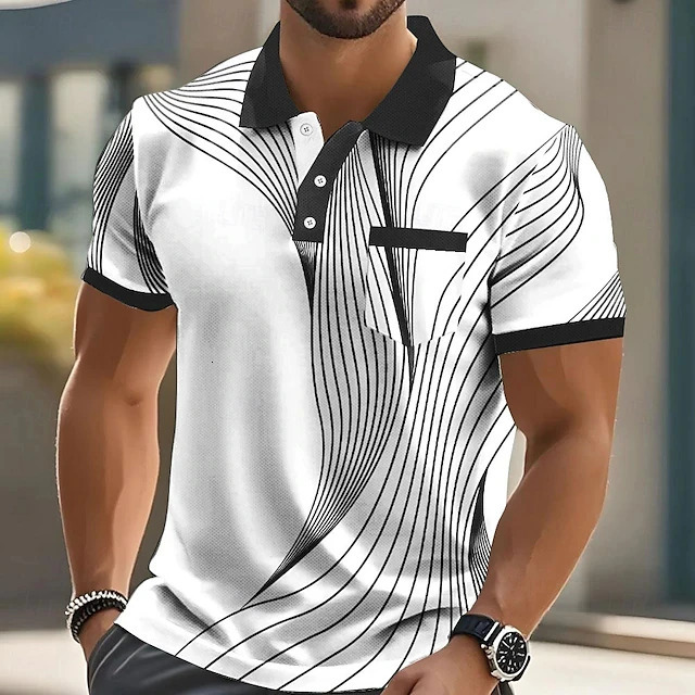 Summer Fashion Short Sleeve Mens Polo Shirts Stripe 3d Print Lapel Man Top High Quality Oversized Male Shirt Casual Clothing 260312