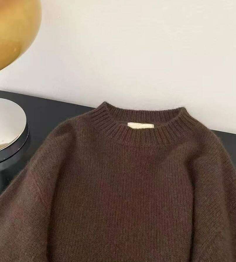 Korean Coffee Round Neck Sweater For Women Thickened Autumn Winter Soft Loose Lazy Style Splicing Colored Knitted Pullover Z260313