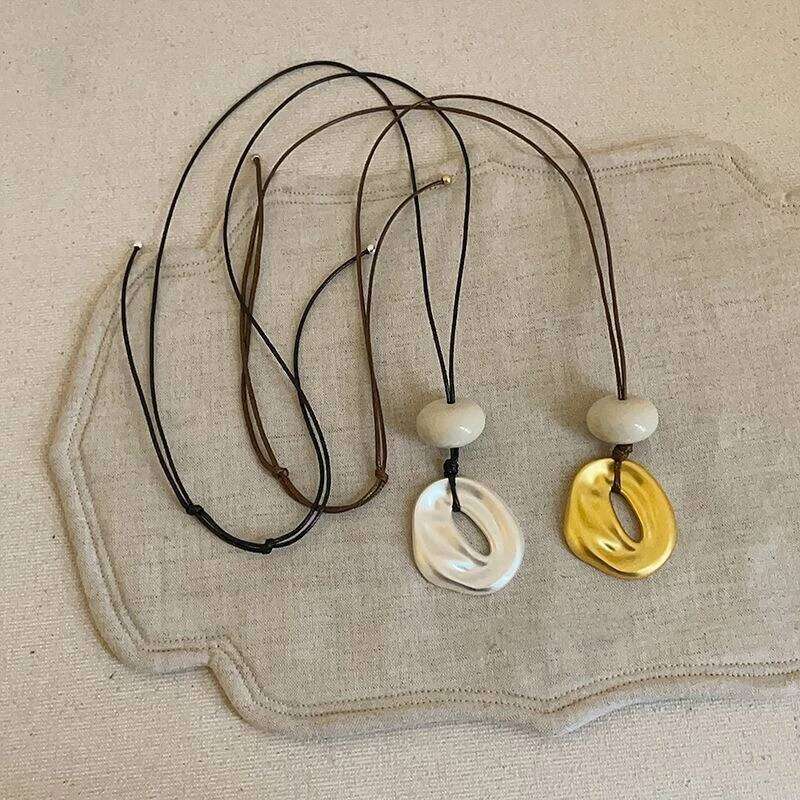 LATS Unique Design Irregular Hollow Matte Color Oval Stone Pendant Necklaces for Women Adjustable Rope Chain Chokers Jewelry H260312