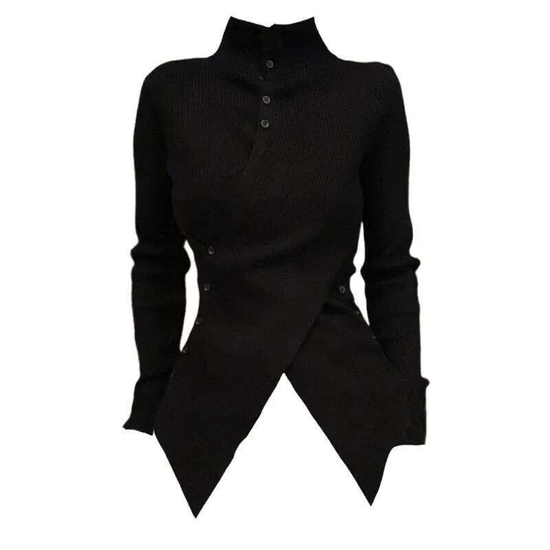 Deeptown Harajuku Black Turtleneck Women Sweaters Criss Cross Irregular Korean Fashion Button Knit Pullovers Slim Warm Aesthetic Z260313