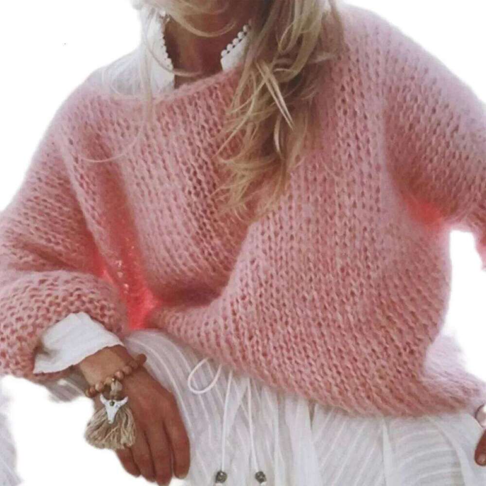 Women Sweaters Knitted Loose Solid Pullovers Regular Full Sleeve Thick Splice Jumpers Round Neck Casual Top 2023 Autumn Winter Z260313