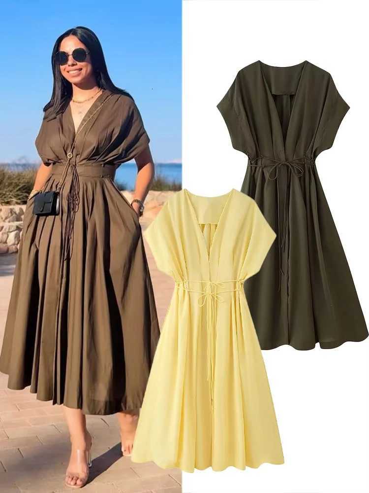 HH Womens New Fashion V-neck Pleated Down Shoulder Short Sleeve Midi Dress Female Temperament High-waist Casual Long DressT260316