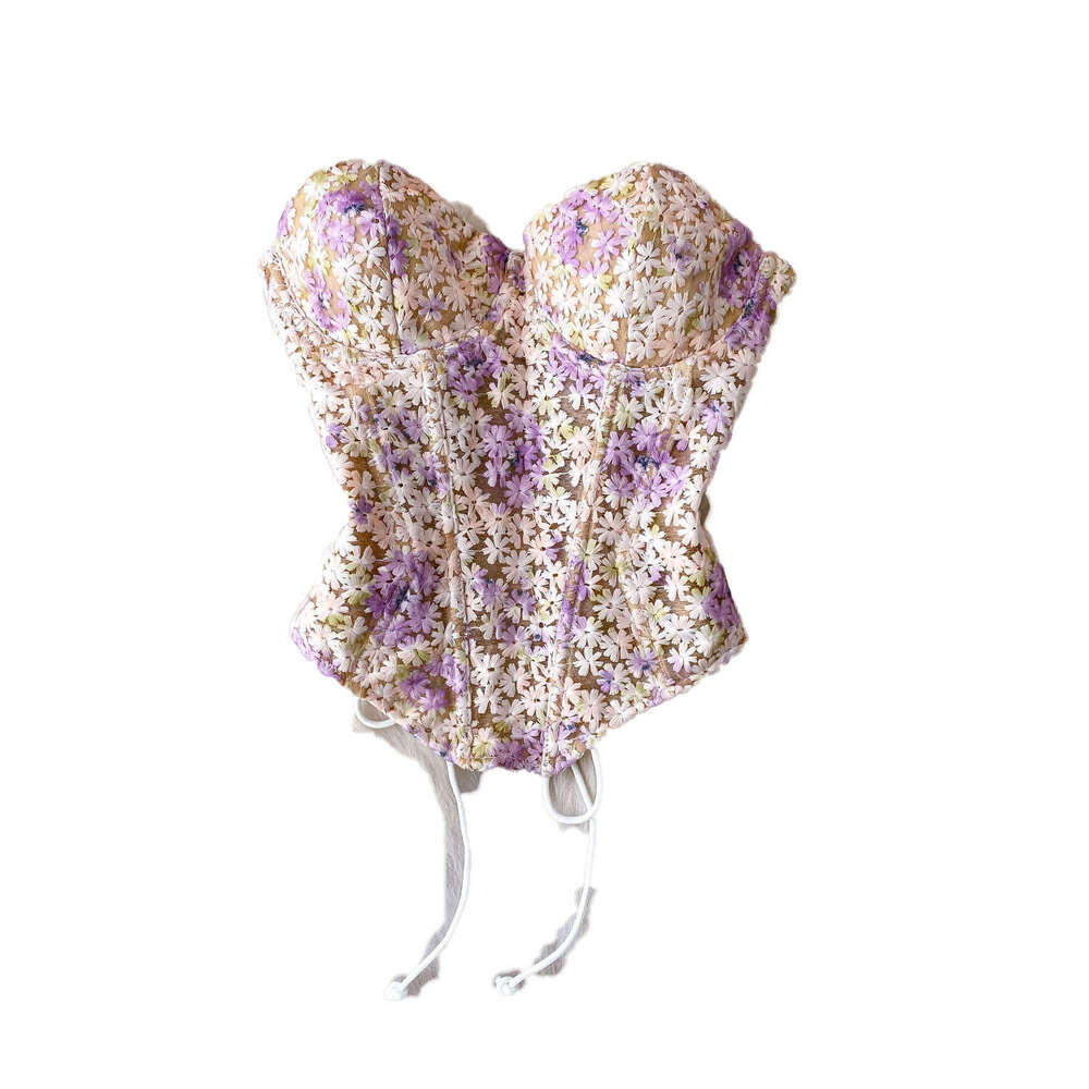 2026 European and American style niche sweet and heavy embroidered flower A13 strapless vest with soft support fishbone short design