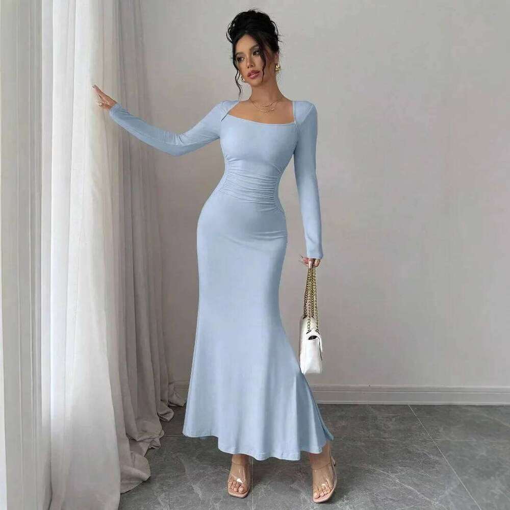 Elegant Long Sleeve Fish Tail Dress Women's Fashionable Slim Fit Sexy Gown Full Length Ankle Skirt Regular Waistline