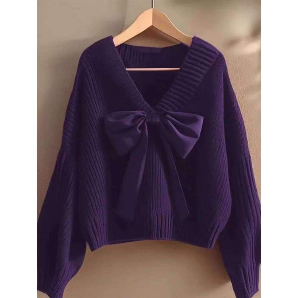 Bow Fashion Korean Knitted Sweater Women's Casual Baggy Long Sleeved V-neck Jumpers Soft Loose Warm Knitwear Pullovers Z260314