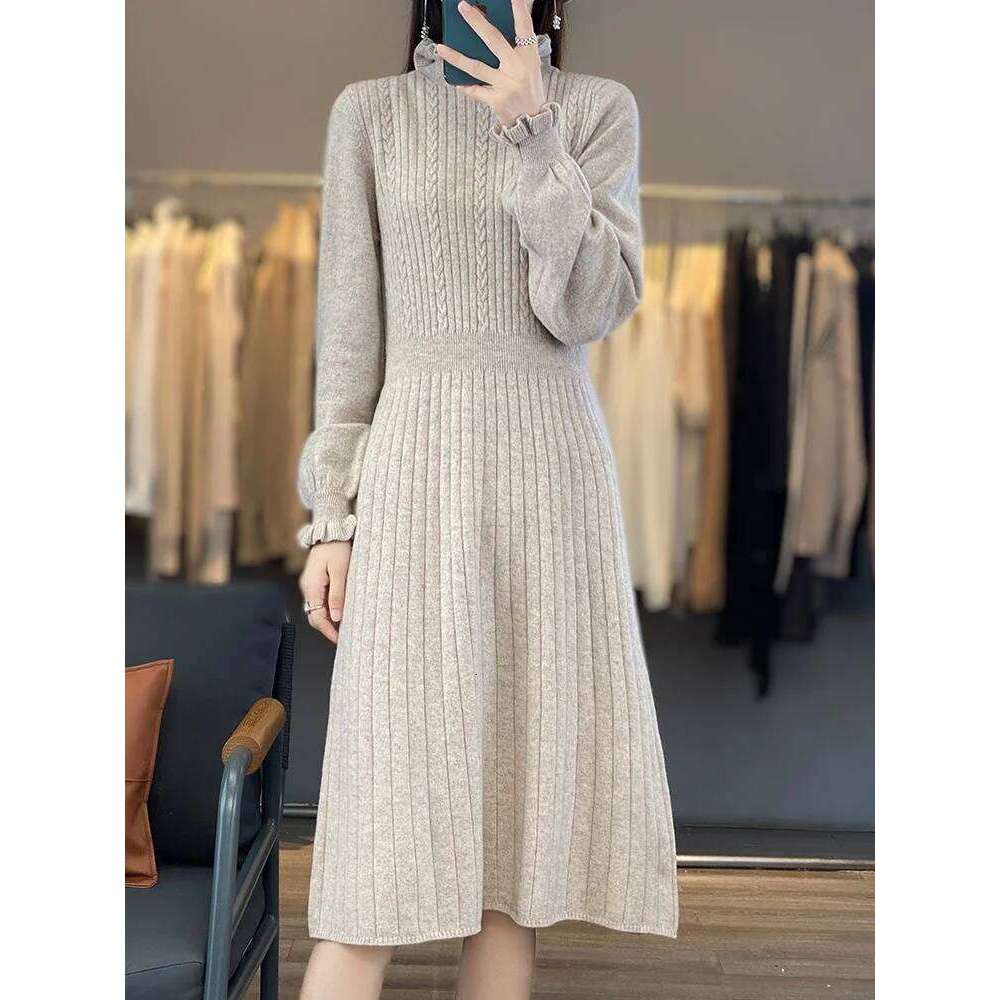 100% Merino Wool Women's Pullover Dress With Fungus Collar Autumn Winter Casual Fashion Knitted Cashmere Long Skirt Z260314