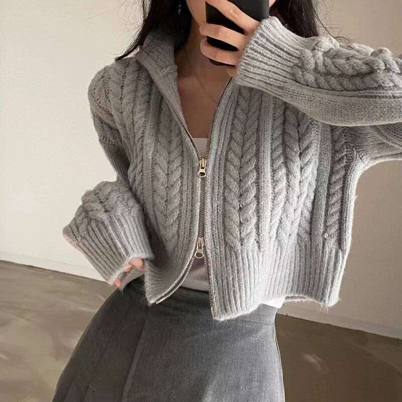 Knit Short Coat Long Sleeve Zipper Sweater Casual Women Cardigan Vintage Winter Korean Chic Elegant 2024 Lady Trend Top Z260313