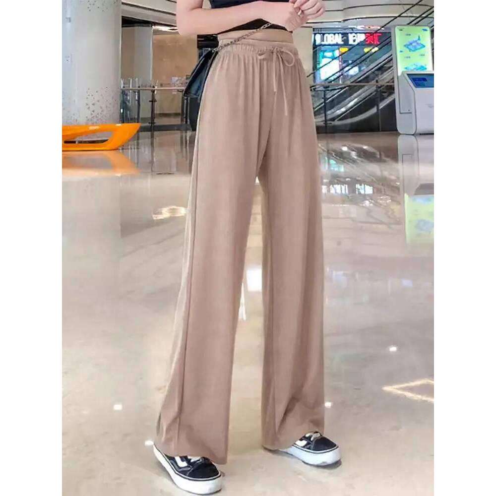 New Women Ankle-Length Wide Leg Casual Solid Elastic Waist Loose Ice Silk Pants Spring Summer Female Trousers 26Y0313