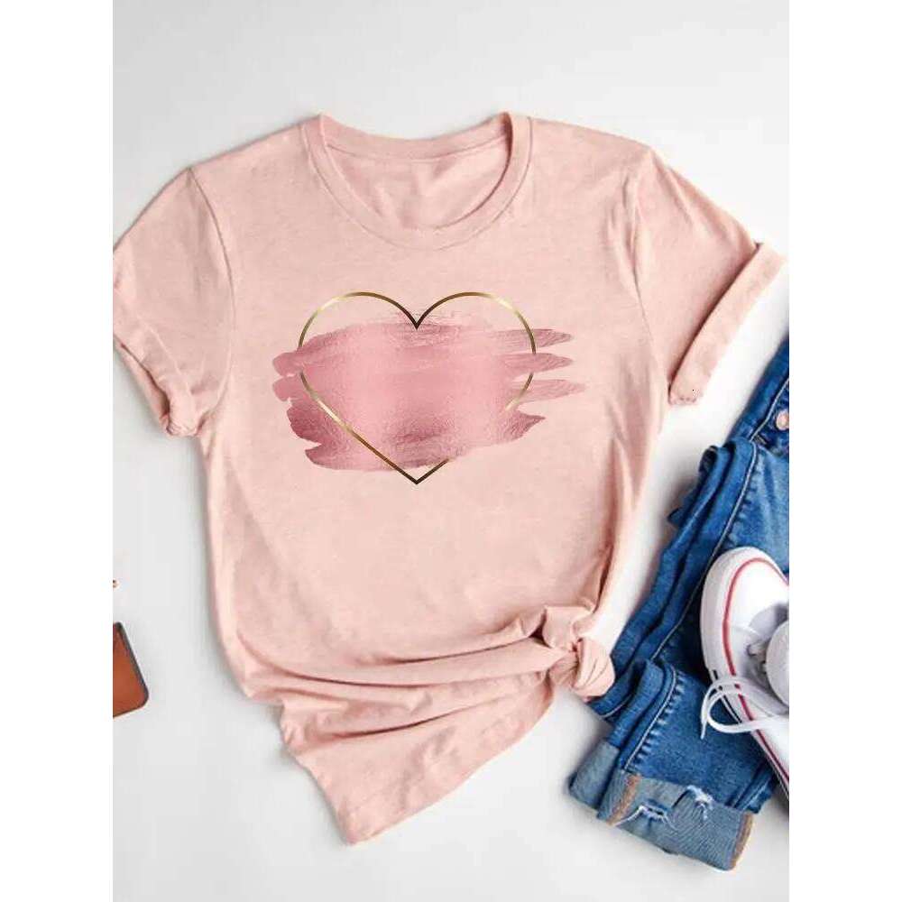 Watercolor Love Heart Sweet Fashion Short Sleeve Print T Shirt Tee Basic Clothing Summer Top Graphic T-shirt Women Clothes Z260314