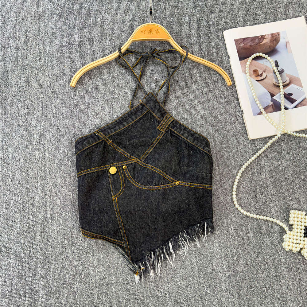 Women's crossover American denim camisole, spring and summer lingerie, sexy backless design, slim and fashionable