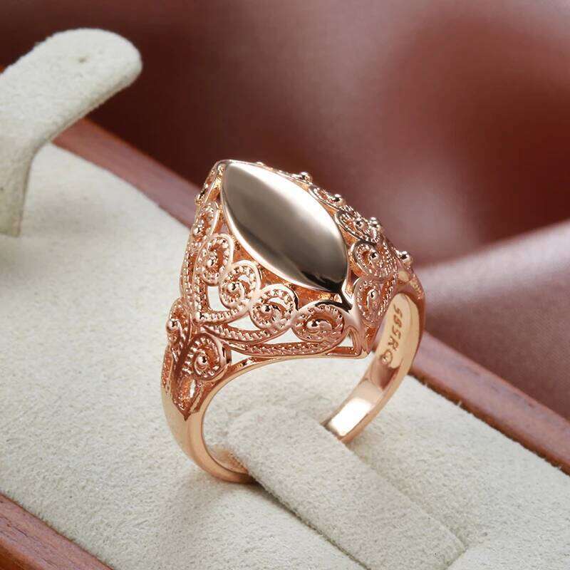 Kinel Hot Fashion Glossy for Women 585 Rose Gold Unique Pattern Rhombus Rings Ethnic Bride Wedding Jewelry 2022 New H260312