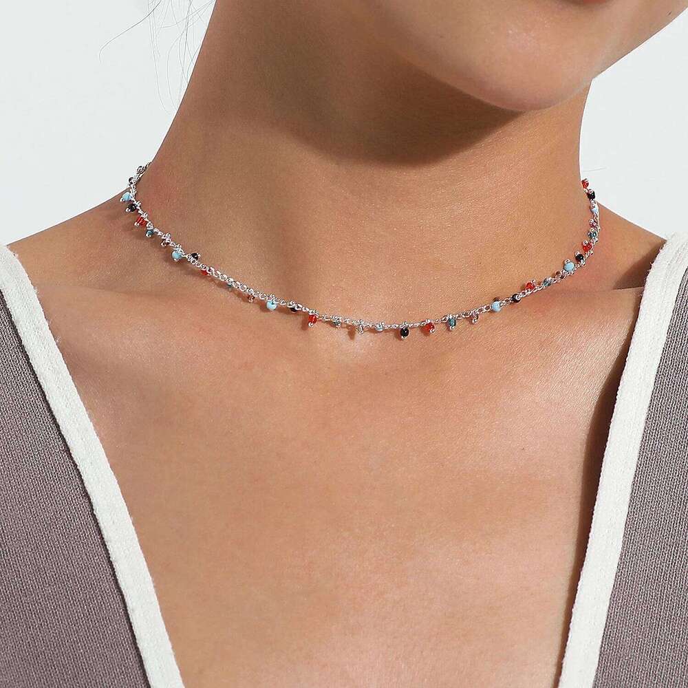 Bohemian Colorful Acrylic Crystal Tassel Choker Simple Trend Handmade Bead Chain Necklace For Women Gift Jewelry H260312
