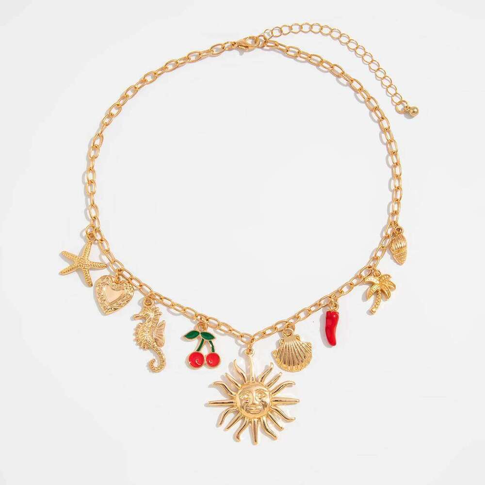 Salircon Sun Starfish Scallop Pendant Necklace for Women Vintage Conch Summer Beach Holidays Gold Color Chain Jewelry Gift H260312
