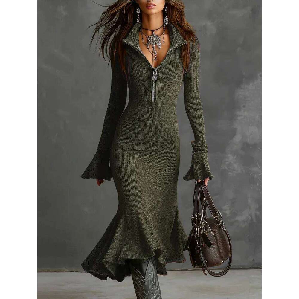 European American New Fashion Women's Slim Solid Color Casual Trendy Daily Turn-down Collar Long Sleeve Knitted Trumpet Dress Z260313