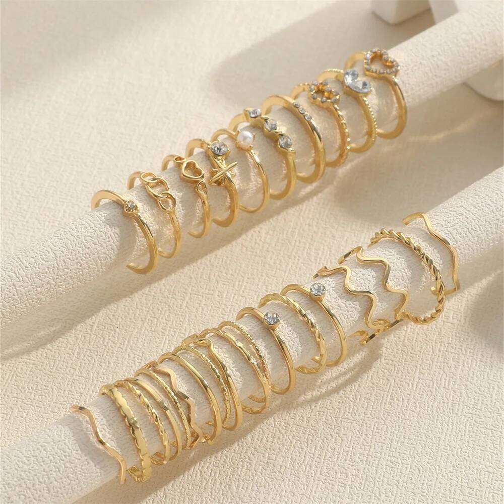 Fashion Simple Wave Joint Rings Set For Women Crystal Heart Shape Gold Silver Color Ring Female Party Jewelry H260312
