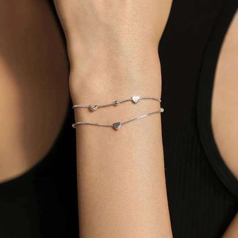 925 Sterling Silver Double Layer Heart Chain Bracelets For Women Vintage Korean Design Bead Bracelet Party Jewelry Accessories Z260313