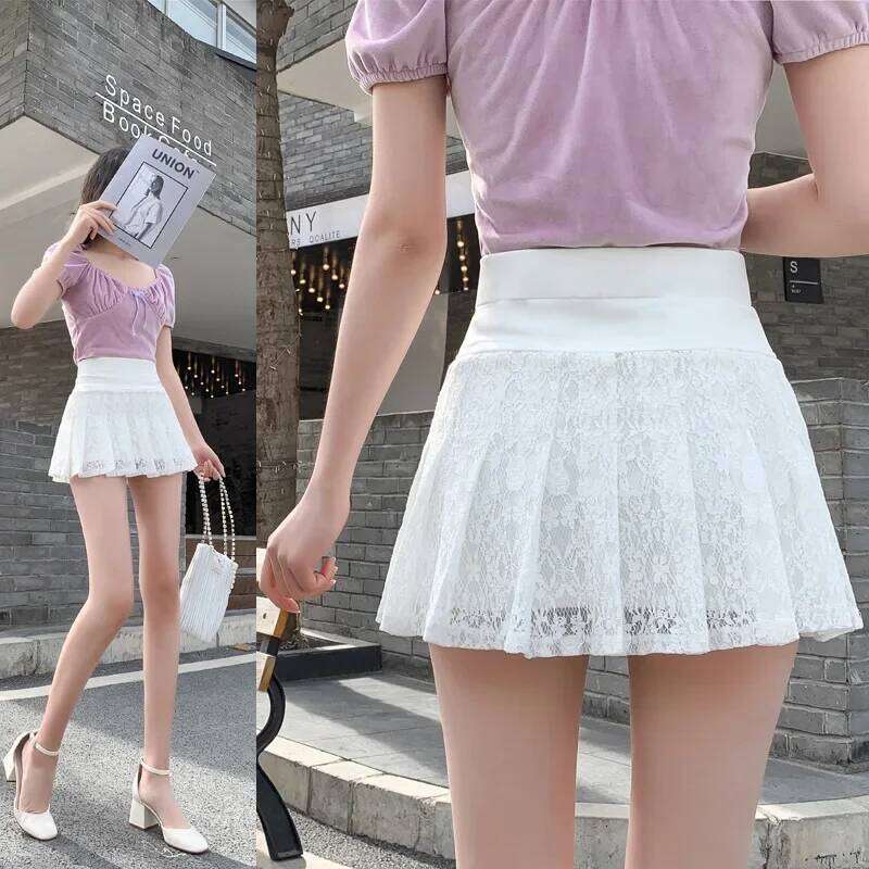 A Line New Ultra-short Mini Pants Elastic Waist Joker Lace Pleated Sexy Fashion Black White Skirt Z260314