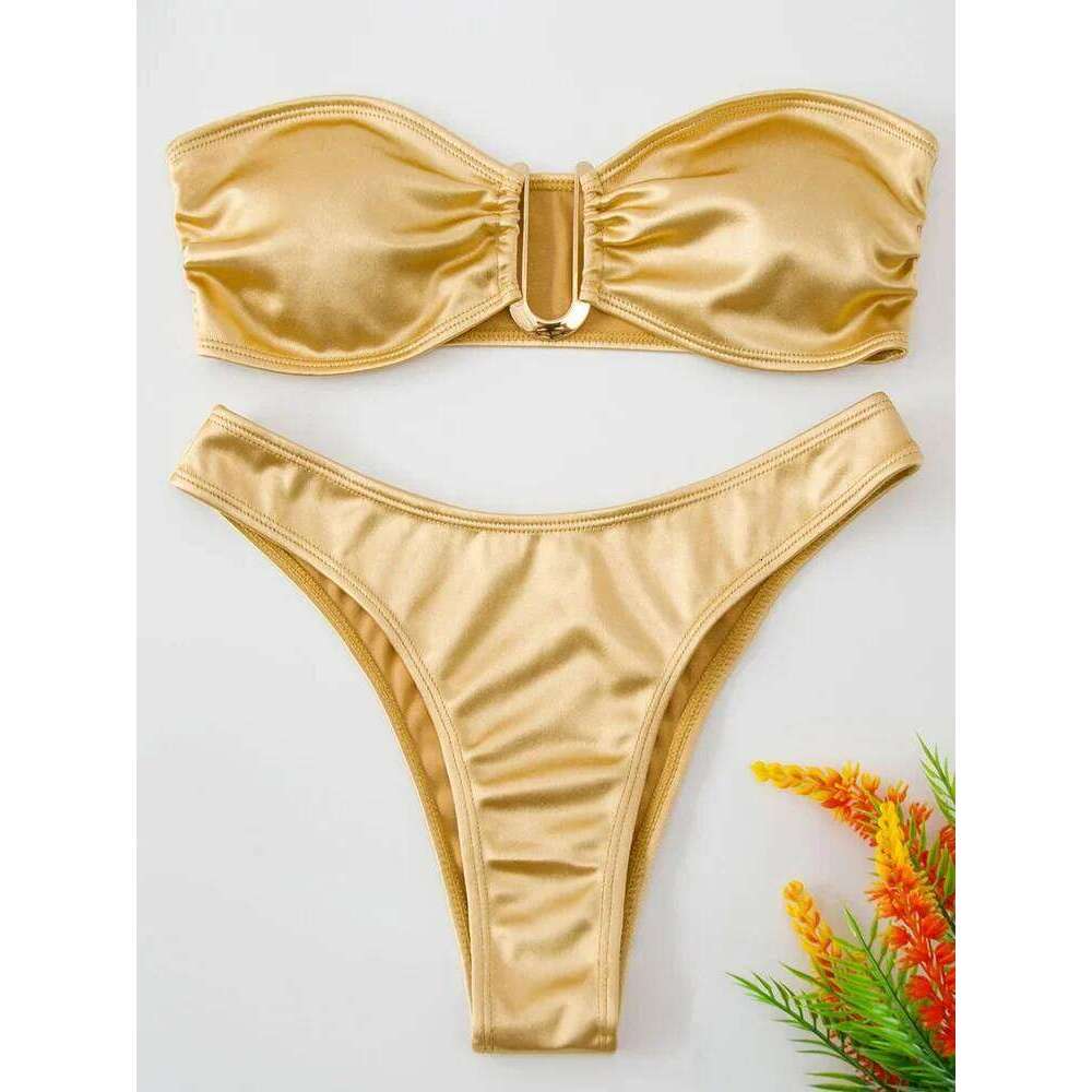 Shiny Bandeau Bikinis 2025 Strapless Female Swimsuit Women Swimwear Two-pieces Bikini Set High Cut Bathing Suit Swim Lady Y260303